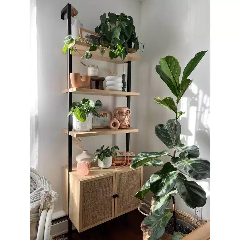 73" 3-Tier Rattan Ladder Bookshelf with Storage