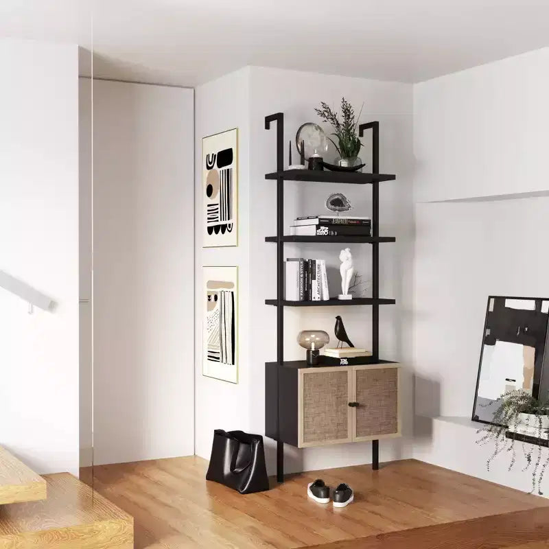 73" 3-Tier Rattan Ladder Bookshelf with Storage